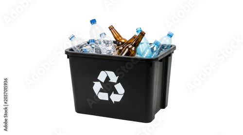 Foto Recycling Bin Filled With Plastic Bottles and Glass Bottles on a transparent bac