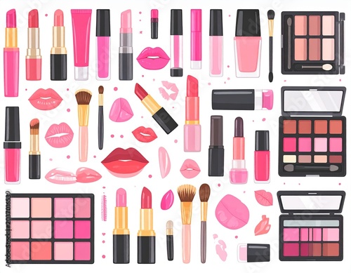 Cute Glossy Lip Makeup Vector Set with Lipstick, Lip Gloss, Makeup Brushes and Pink Cosmetic Collection Isolated on White