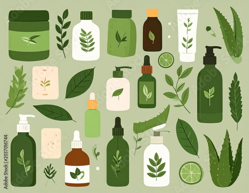 Natural Organic Skincare Vector Set with Aloe Vera, Essential Oils, Herbal Cosmetic Bottles and Eco Beauty Packaging Illustration