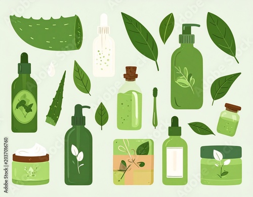 Natural Organic Skincare Vector Set with Aloe Vera, Essential Oils, Herbal Cosmetic Bottles and Eco Beauty Packaging Illustration