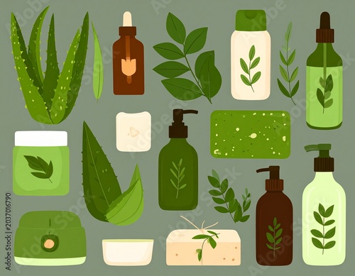 Natural Organic Skincare Vector Set with Aloe Vera, Essential Oils, Herbal Cosmetic Bottles and Eco Beauty Packaging Illustration