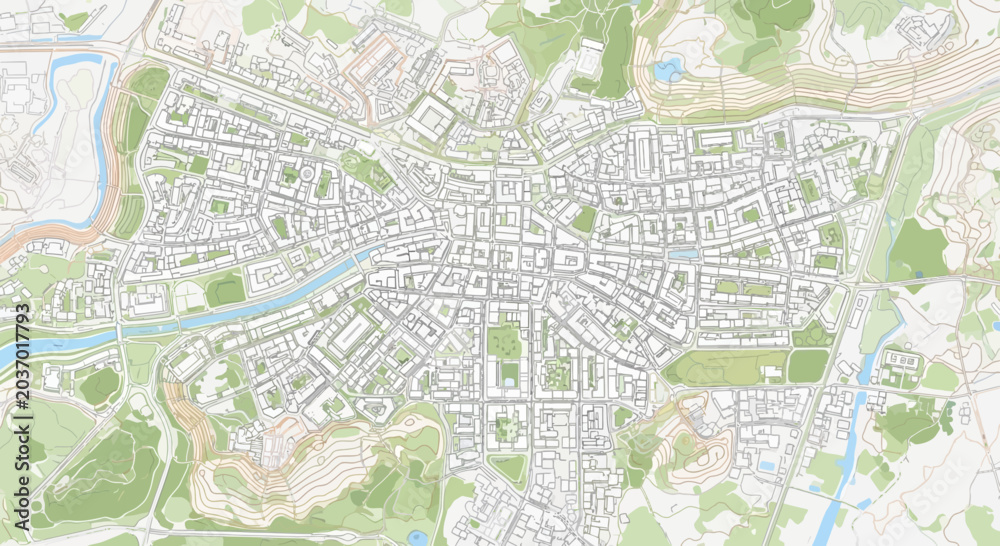 Fototapeta premium Conceptual overhead view of an expansive city illustrating sophisticated urban planning, dense street networks, residential blocks, and integrated natural green areas