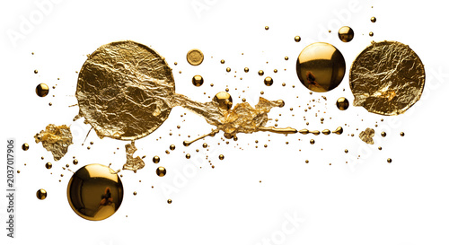 Golden liquid splashes and circles float in air with shiny reflective surfaces
