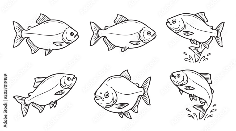 Obraz premium Piranha fish set line art drawing collection with predator wildlife illustration dangerous swimming monochrome isolated collection detailed engraving predatory aggressive creature