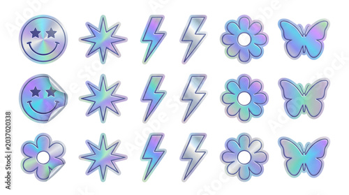 Cute Lightning and Flower Sticker Collection, Pastel Holographic Y2K Icon Set, Transparent PNG Decorative Elements Bundle