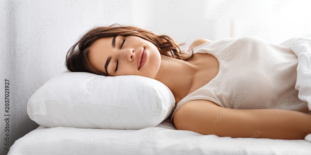 Obraz premium Young European woman peacefully sleeping on a soft white pillow in bed