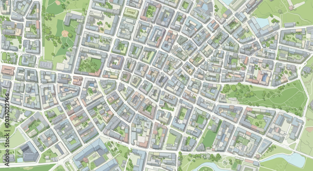 Fototapeta premium Detailed illustrative overview of a modern urban plan, featuring residential blocks, extensive green parks, and intricate street networks, embodying contemporary city design principles