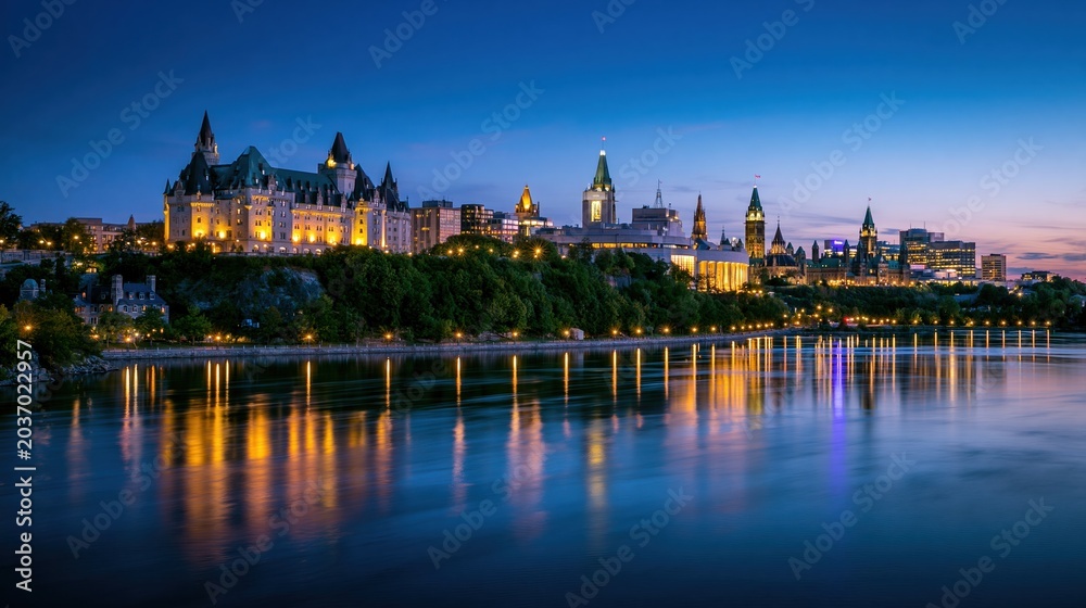 Obraz premium Historic buildings and city skyline reflecting on calm water at dusk for travel marketing, tourism brochures and urban landscape