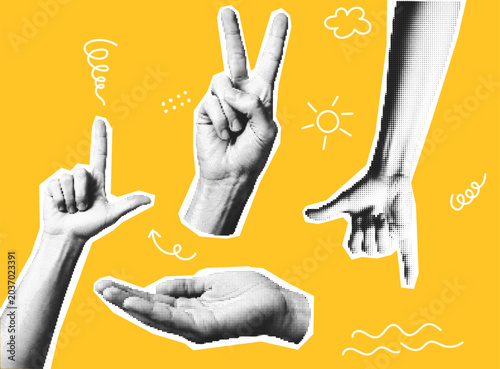 Halftone hand collage with gestures doodles and retro pop aesthetic