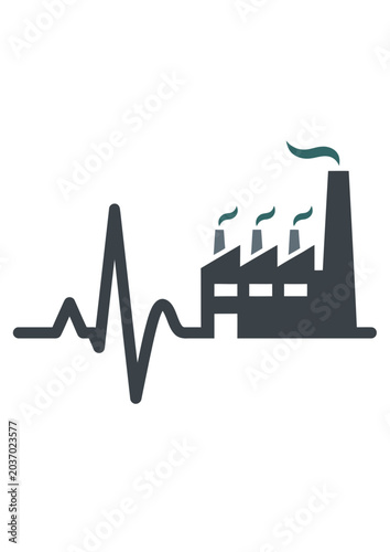 Industrial factory with rising smoke emissions and downward stock market graph trend line