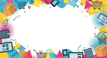 Vibrant e-commerce border design with diverse shopping and tech items on a white canvas.