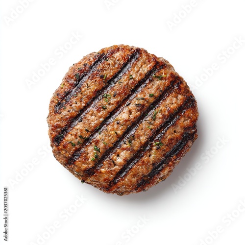 Juicy grilled burger meat isolated on white. Tasty roasted minced meat patty with dark grill lines.