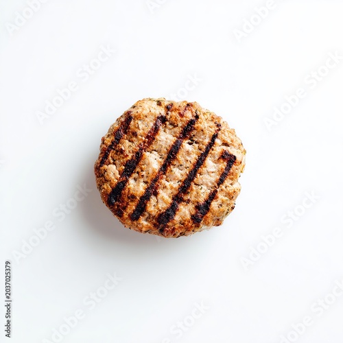 Single grilled meat cutlet for hamburger. Delicious beef or pork patty on pure white background.