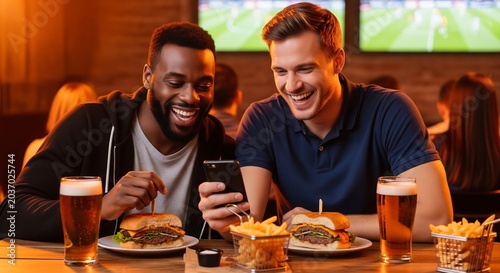 Two smiling men of different ethnicities enjoying burgers, fries, and beer while looking at a smartphone in a sports bar.