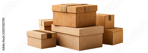 Delivery boxes stacked on transparent background studio setting product photography