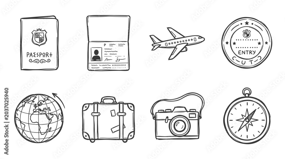 Fototapeta premium Travel Icons: Passport, Airplane, Suitcase, Globe, Camera, Compass, Stamp