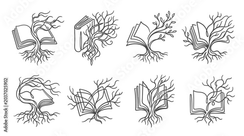 Foto Tree of Knowledge: Open Books with Roots and Branches Vector Icons