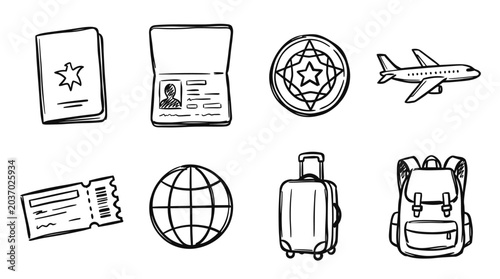 Fényképezés Travel Icons: Passport, Airplane, Luggage, Ticket, Globe, Backpack, Emblem