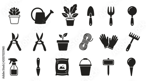 Canvas Print Gardening Tools Icons Set: Watering Can, Plants, Gloves, Pruners, Rake, Shovel