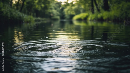 A peaceful river, with verses of a poem flowing across the surface like ripples in the water