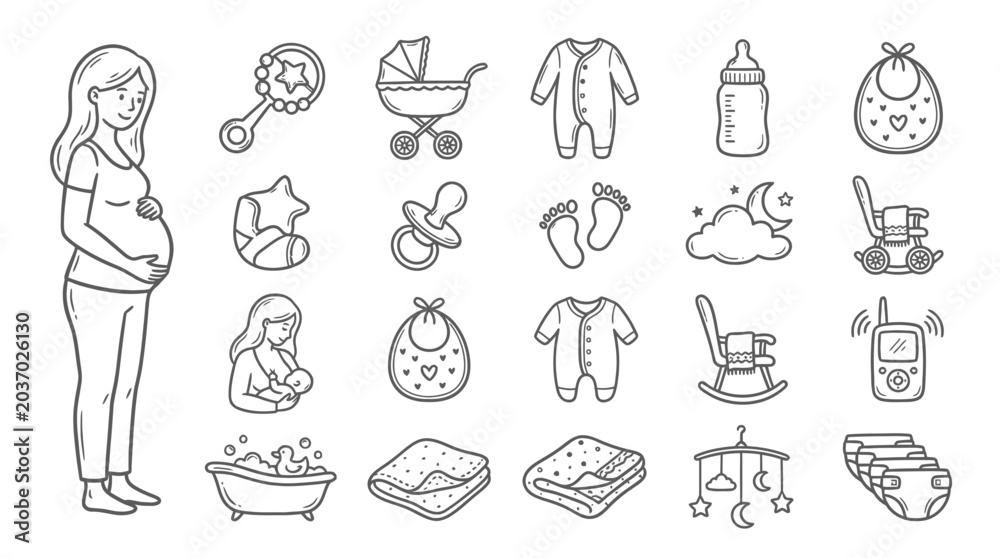 Fototapeta premium Pregnant Woman & Baby Essentials Icons: Pregnancy, Birth, Newborn Care, Childhood