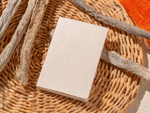 Beige hardcover notebook mockup stays closed on a woven rattan surface with dried botanical stems for journaling, artisan brand marketing and bohemian lifestyle content