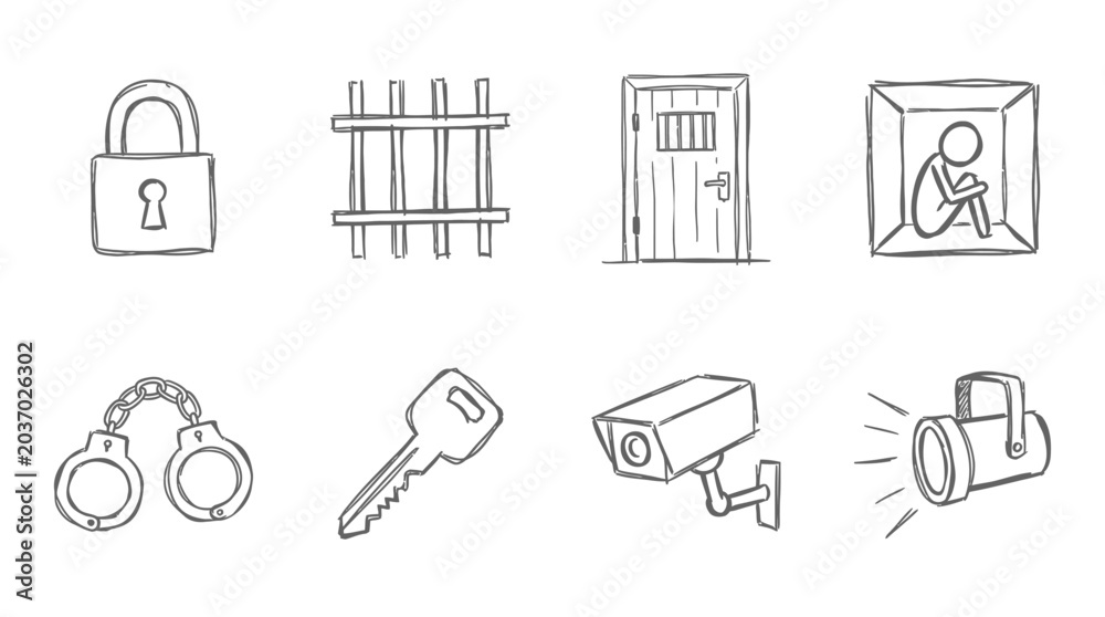 Fototapeta premium Jail and Prison Icons: Lock, Bars, Door, Cell, Handcuffs, Key, Camera