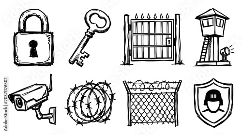 Foto Security Icons: Lock, Key, Gate, Guard Tower, Camera, Barbed Wire, Shield