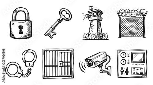 Fotografía Jail Security Icons: Padlock, Key, Guard Tower, Fence, Handcuffs, Cell, Camera