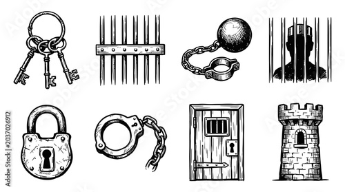 Fotografía Prison Icons: Keys, Bars, Ball & Chain, Handcuffs, Lock, Door, Tower