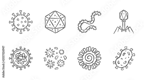 Bild auf Leinwand Hand-drawn virus and bacteria icons set, isolated on white background