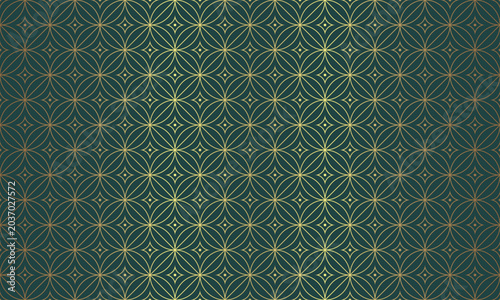 Luxury art deco seamless pattern with interconnected circle, gold geometric lines on dark green background. Elegant abstract vector texture.