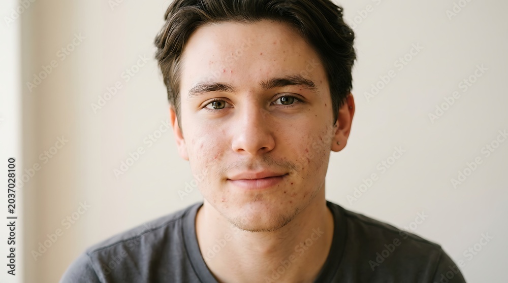 Naklejka premium Authentic Close-up Portrait of a Young Man with a Gentle Smile Looking Directly at Camera