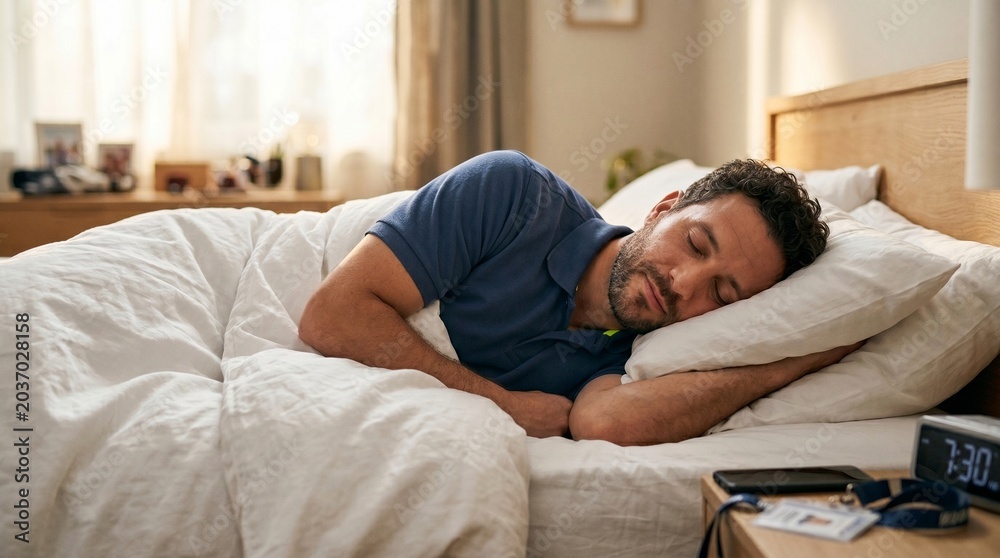 Fototapeta premium Exhausted male worker sleeping peacefully in bed after a long shift, morning light entering bedroom.