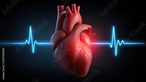 Human heart anatomy medical organ cardiology cardiovascular pulse heartbeat electrocardiogram line red health concept realistic isolated black background glowing illustration for SEO search title