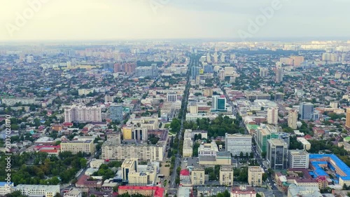 Krasnodar, Russia. Panoramic view of the city center. Summer Drone footage