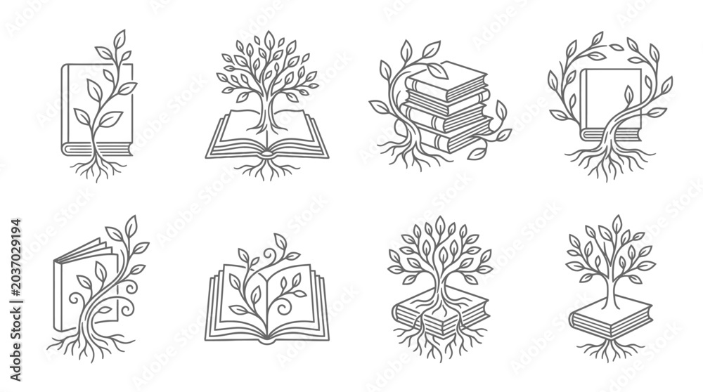 Obraz premium Book Tree Icons: Knowledge Growth, Education, Learning and Wisdom Symbols