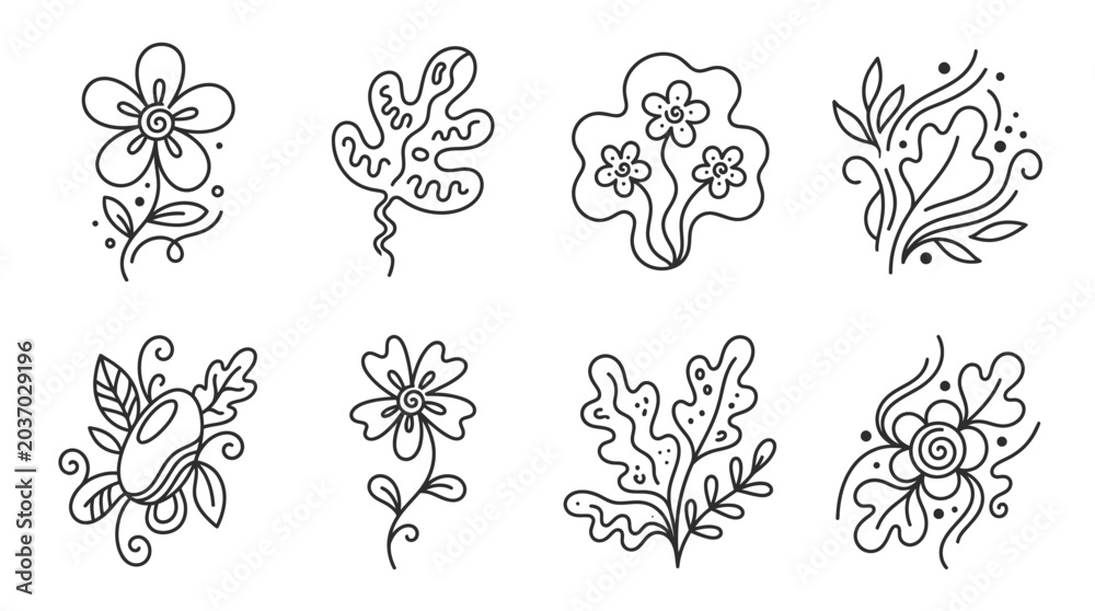 Fototapeta premium Hand Drawn Botanical Elements: Flowers, Leaves, and Swirls - Black and White Sketch