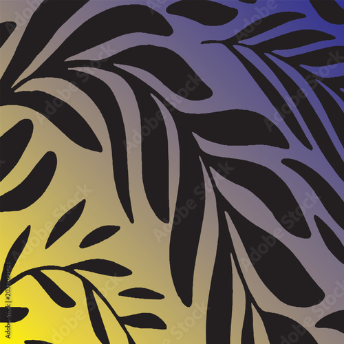 Konstfotografi Abstract background featuring black organic leaf and branch silhouettes layered over a smooth, diagonal color gradient shifting from bright yellow to muted purple tones