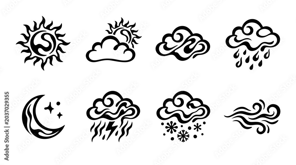 Fototapeta premium Weather Icons: Sun, Moon, Clouds, Rain, Snow, Thunder, Wind