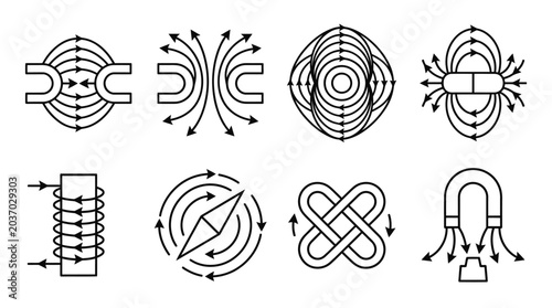 Bild auf Leinwand Magnetic Field Lines Vector Icons: Physics Science Concepts