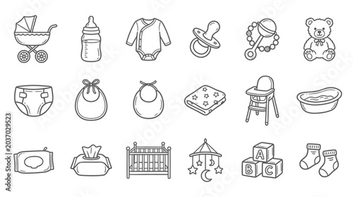Foto Baby Essentials Line Icons: Stroller, Bottle, Clothes, Diaper, Crib, Toys