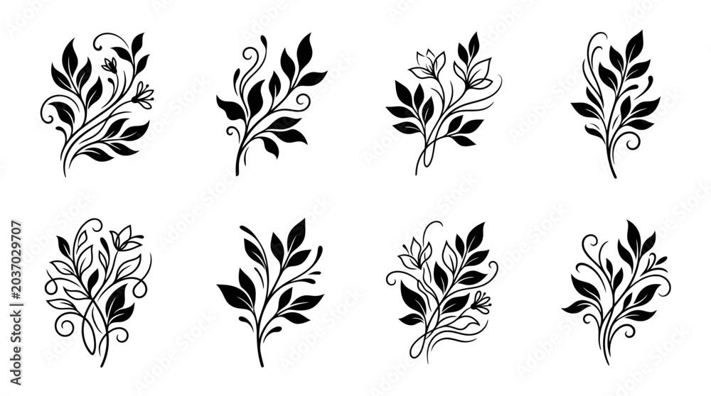 Fototapeta premium Hand-drawn floral elements, decorative botanical illustrations, vector set