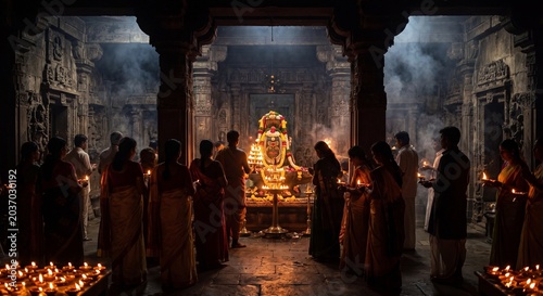 Devotees holding oil lamps during Shiva worship ceremony inside ancient stone temple with incense smoke and sacred spiritual atmosphere