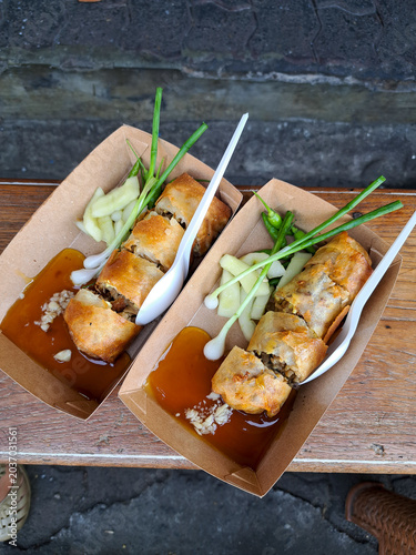 Semarang spring rolls are a type of rollade filled with bamboo shoots, egg, and chicken or shrimp. They are a blend of Chinese and Indonesian flavors.