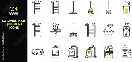 Large set of black and white line icons featuring professional swimming pool equipment including ladders cleaning brushes vacuum systems and maintenance chemicals for aquatic services