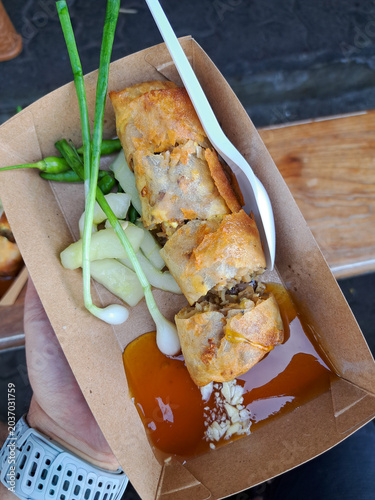 Semarang spring rolls are a type of rollade filled with bamboo shoots, egg, and chicken or shrimp. They are a blend of Chinese and Indonesian flavors.