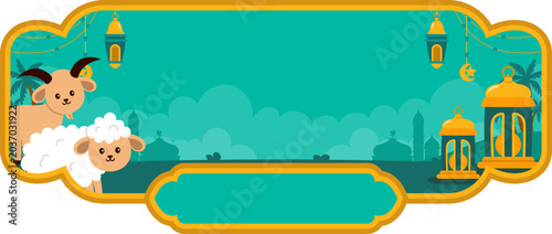 Canvas Print Bright Islamic Eid Banner with Sheep and Goat Illustration