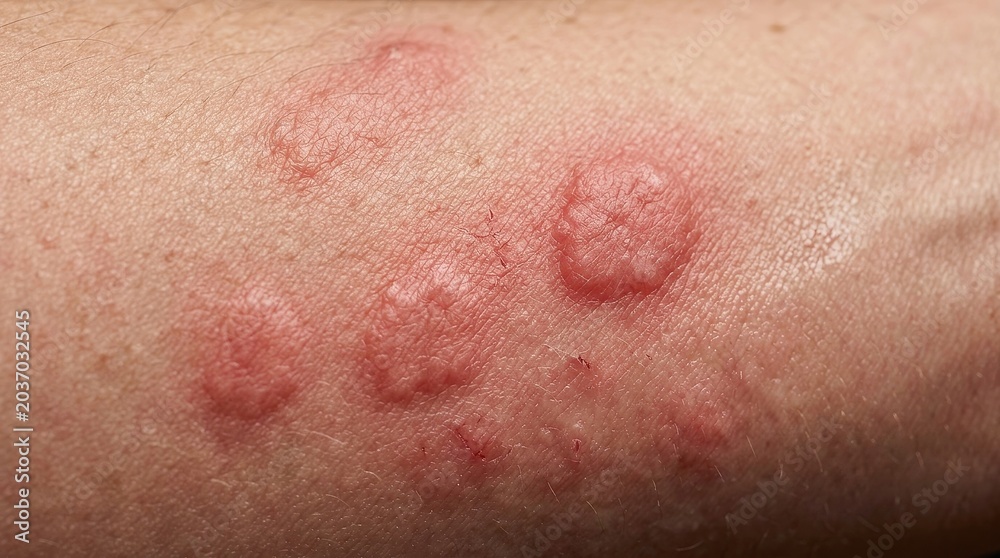 Fototapeta premium Extreme macro skin rash close up with irritated red hives dermatology medical texture detail