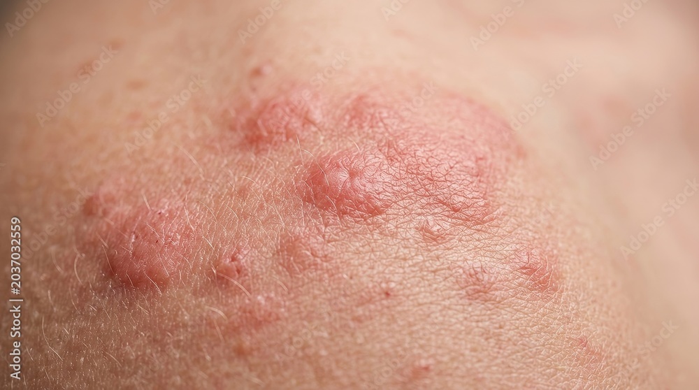 Fototapeta premium Extreme macro skin rash close up with irritated red hives dermatology medical texture detail